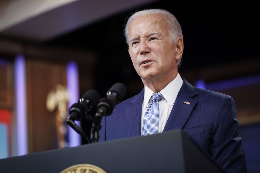 US President Joe Biden speaks in the Eisenhower Executive Office Building in Washington, DC, US, on Thursday, July 27, 2023. Biden unveiled a series of new actions to protect Americans from extreme heat conditions, as communities around the country continue to struggle with record high temperatures and the lingering effects of Canadian wildfires. Photographer: Ting Shen/Bloomberg