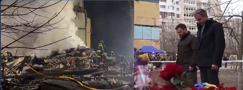 A Russian missile missed Ukraine's president and Greece Prime Minster narrowly when it slammed into port infrastructure in Odessa.