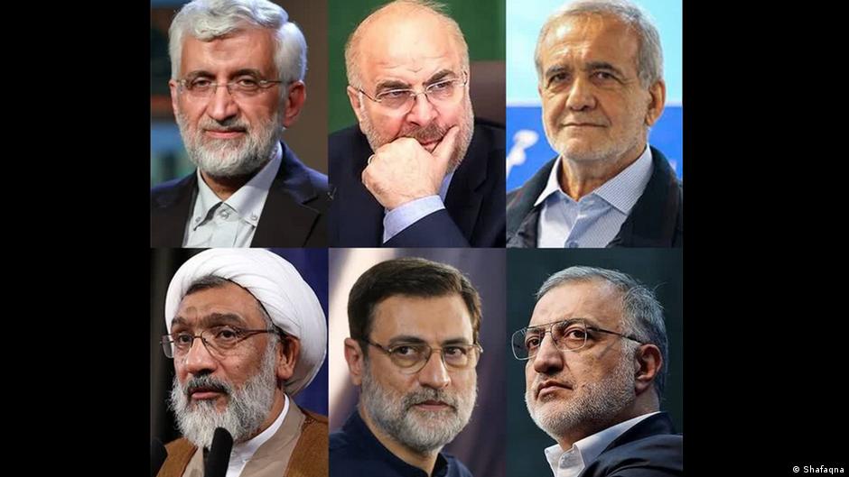 Iran's presidential candidates, from top left to bottom right: Saeed Jalili, Mohammad Bagher Qalibaf, Masoud Pezeshkian, Mostafa Pourmohammadi, Amirhossein Ghazizadeh Hashemi, Alireza Zakani