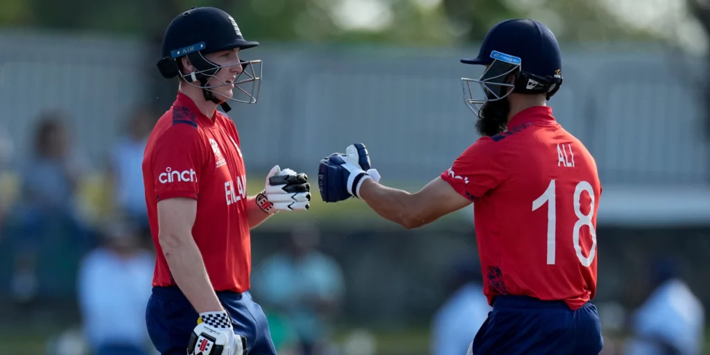 England thrashed Namibia by 41 runs in the34th match of the ICC Men's T20 World Cup match on Saturday.