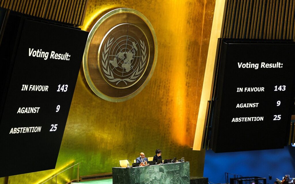 The United States General Assembly (UNGA) adopted a resolution for the establishment of an independent Palestinian state.