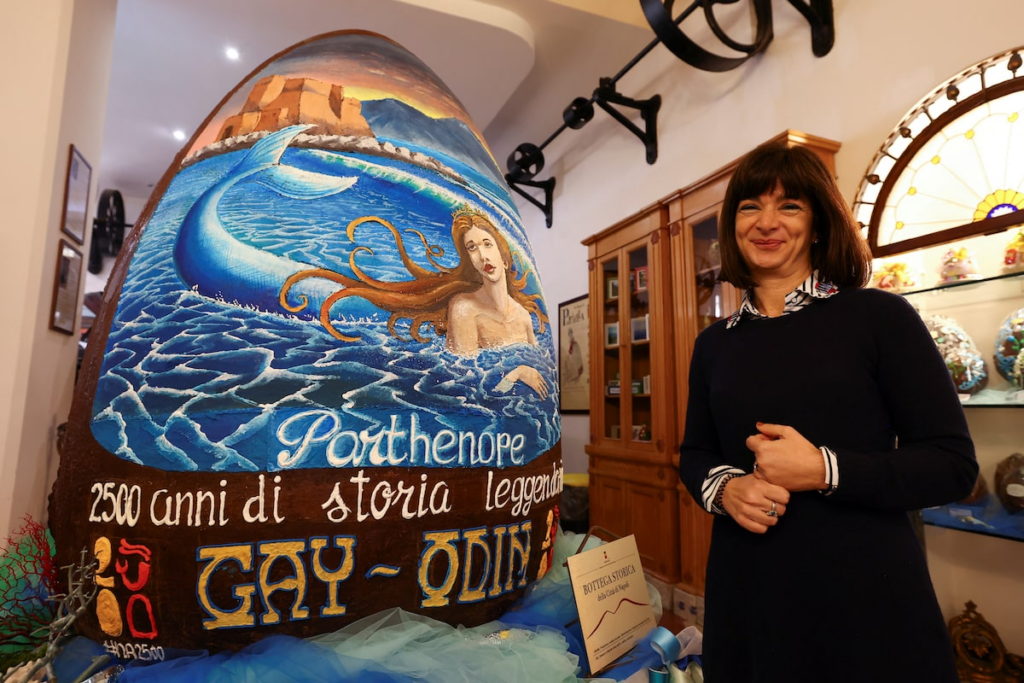 In a sweet tribute to Naples, the city's famed 'Gay-Odin' chocolate factory unveiled a giant Easter egg as part of the 