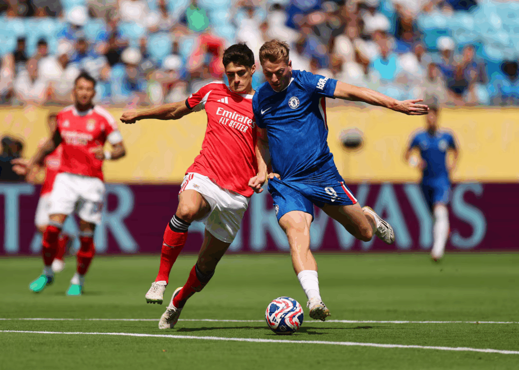 Chelsea scored three times in the second period of extra-time to hand 10-man Benfica a 4-1 defeat in Charlotte.