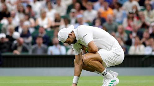 A heartbroken Grigor Dimitrov left Wimbledon after being forced to retire injured when two sets up in his last-16 battle against Jannik Sinner