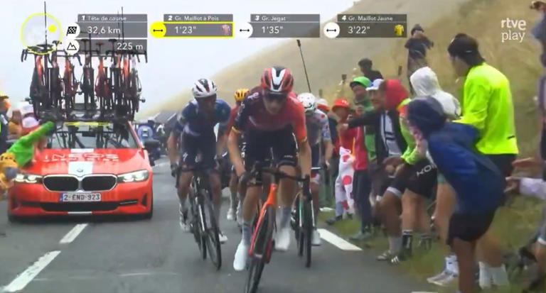 An Ineos-Grenadiers team car hit and knocked down a spectator during the 14th stage of the Tour de France cycle race, TV footage showed on Saturday.