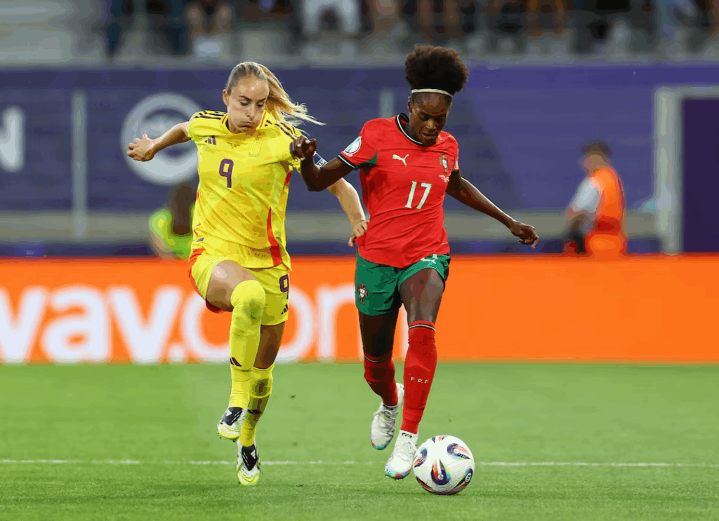Belgium's Janice Cayman struck deep in injury time in a dramatic 2-1 victory over Portugal in their final Group B game at Euro 2025.
