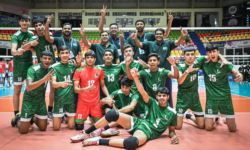 Pakistani team celebrated after beating Iran to win Asian U-16 volleyball championship