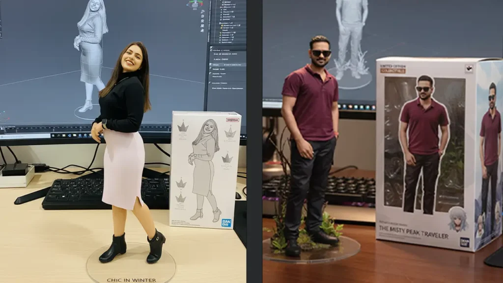 A hyper-realistic 3D Nano Banana figurine displayed on a computer desk with toy-style packaging in the background.