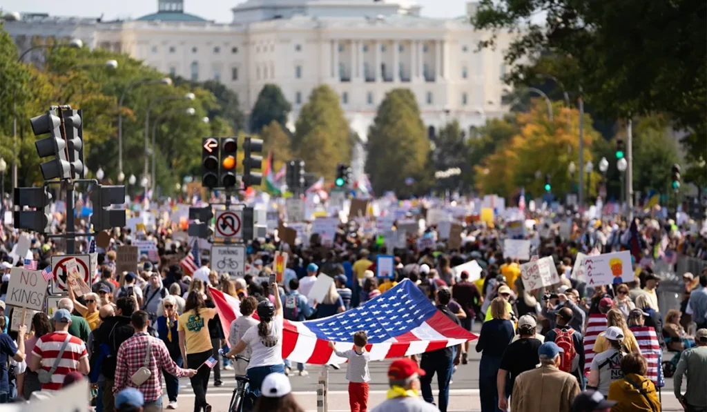 King Trump bombs No Kings protesters with brown liquid