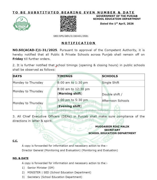 Punjab Schools new timings