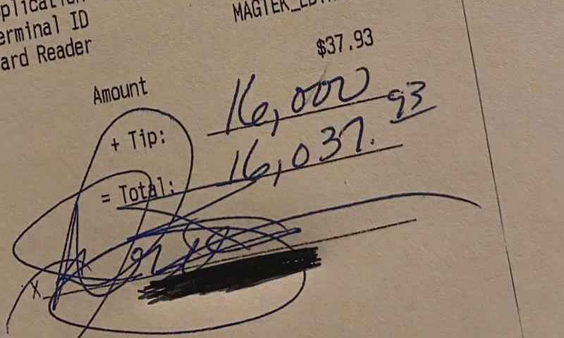 کھانے کا بل 37 ڈالر لیکن ٹپ 16 ہزار ڈالر کھانے کا بل 37 ڈالر لیکن ٹپ 16 ہزار ڈالر