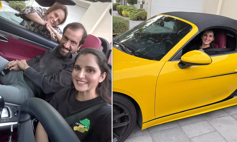 ثانیہ مرزا گاڑی yellow sleek Porsche 718 Boxster.